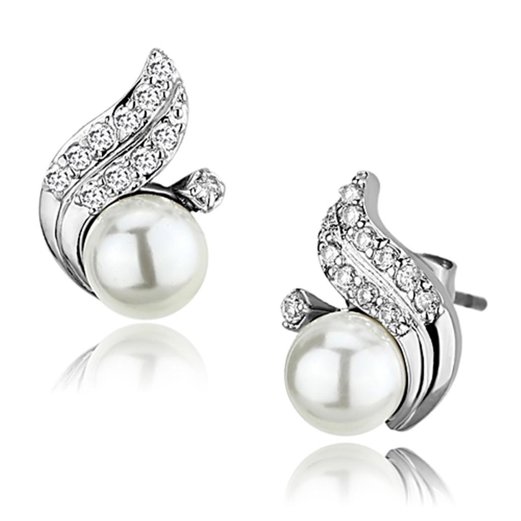 JCE365 Rhodium Brass Earrings with Synthetic Pearl in White