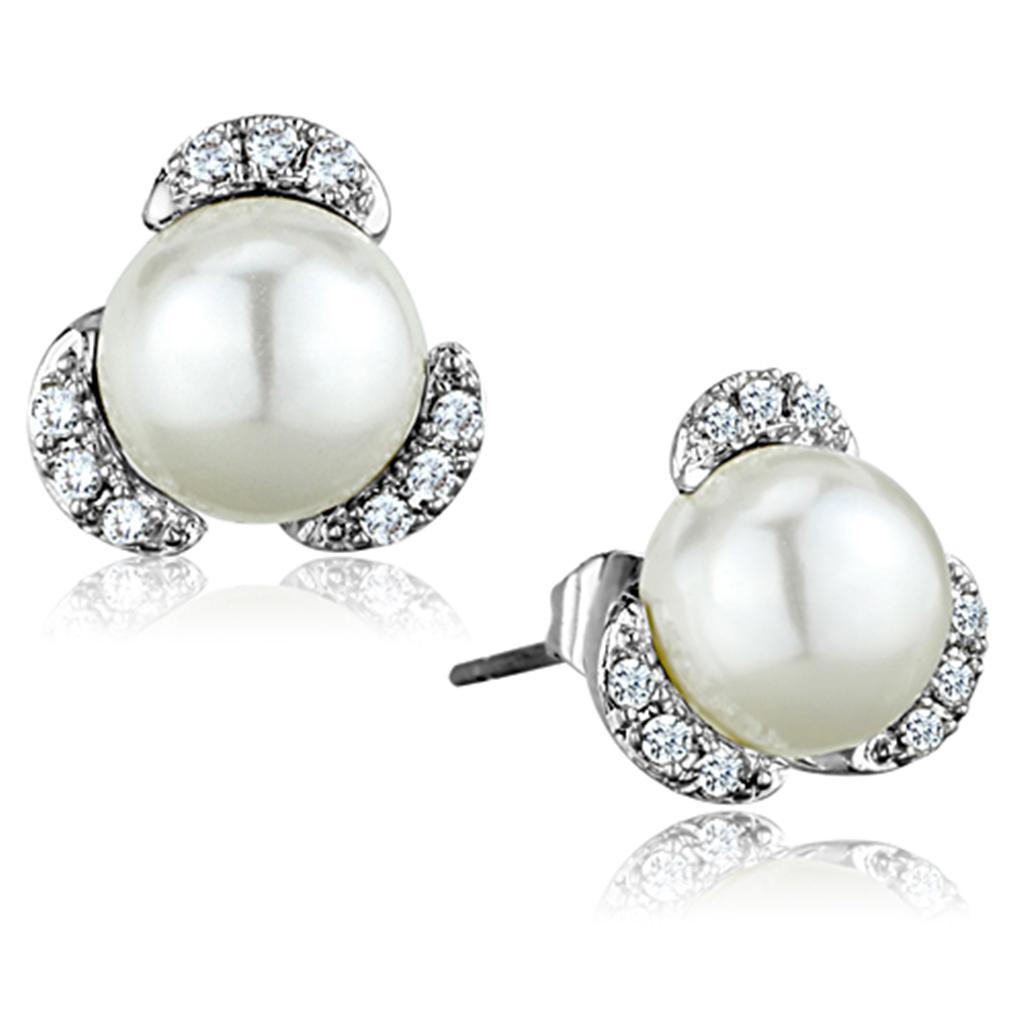 JCE686 Rhodium Brass Earrings with Synthetic Pearl in White