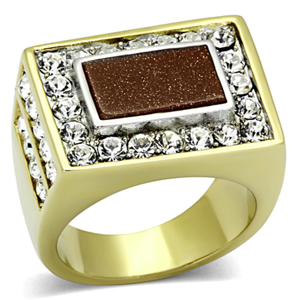 JCE1194 Two-Tone IP Gold (Ion Plating) Stainless Steel Ring with Synthetic Twinkling in Topaz