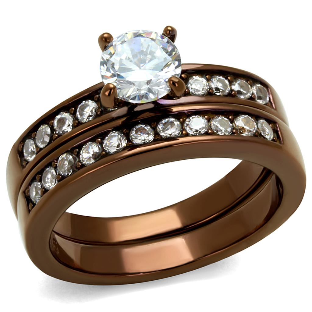 JCE8X003LC IP Coffee light Stainless Steel Ring with AAA Grade CZ  in Clear